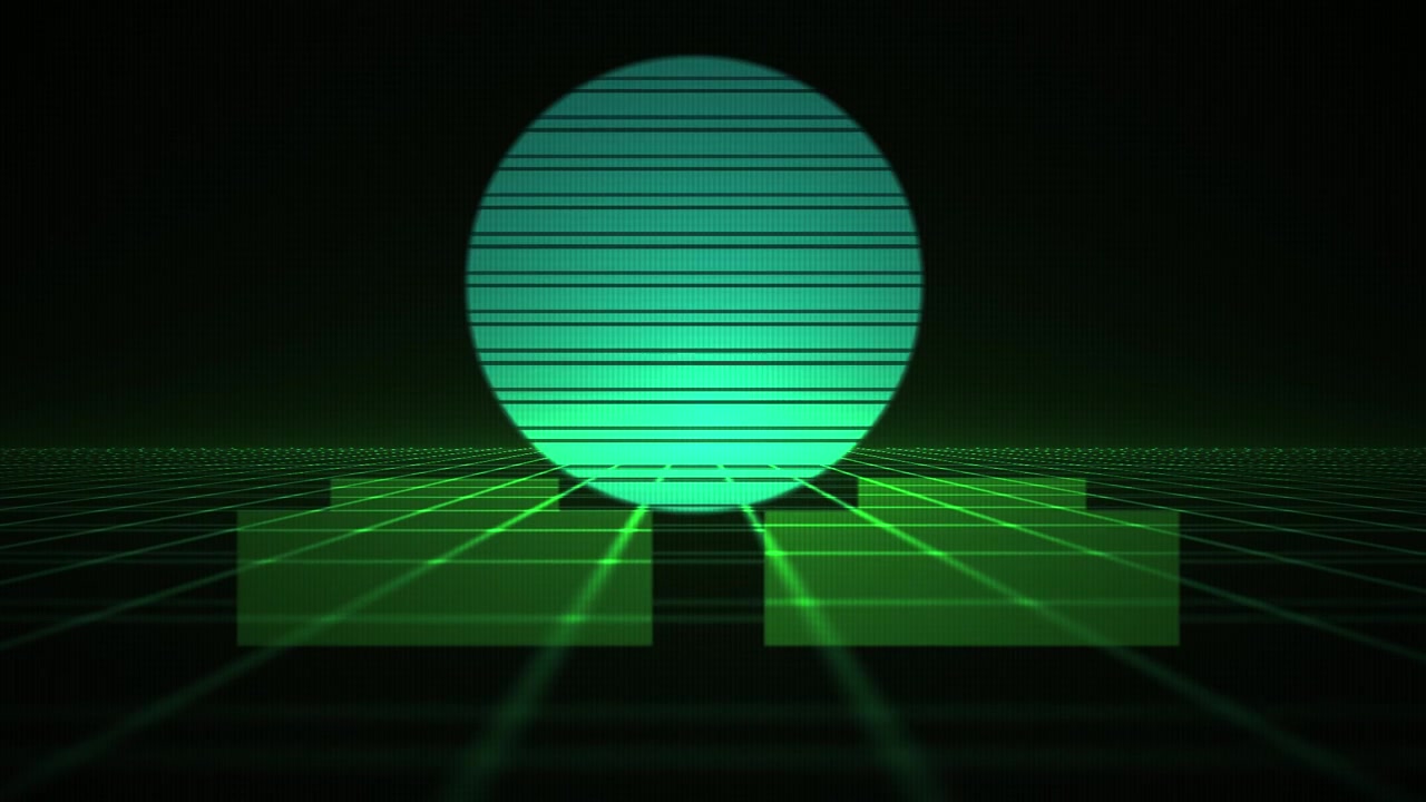 Sol Retro Synthwave Nascendo em Fundo de Grade Digital