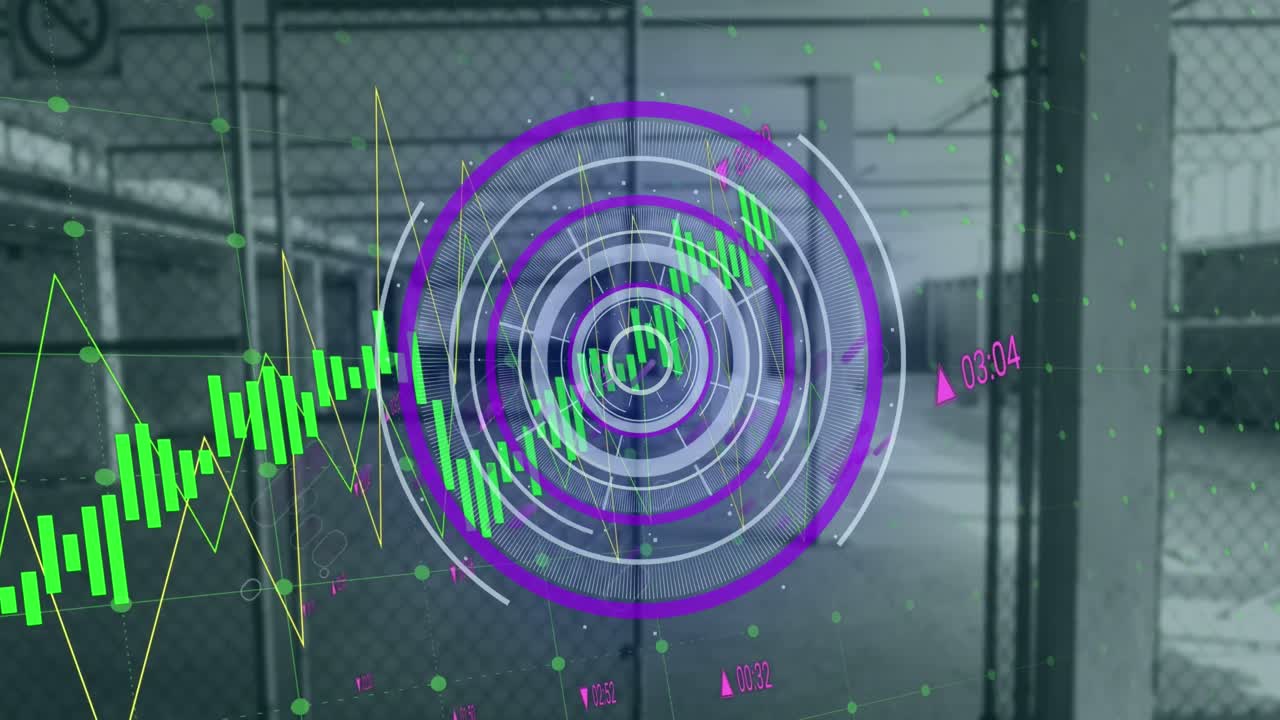Animazione di scanner rotondo ed elaborazione di dati su una zona di parcheggio.