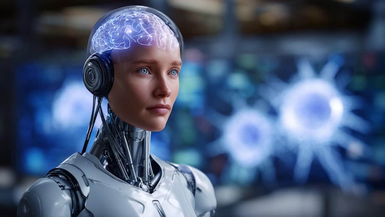 Futuristic humanoid robot with a glowing brain, highlighting advanced AI technology and neural networks in a high-tech environment, showcasing innovation and intelligence