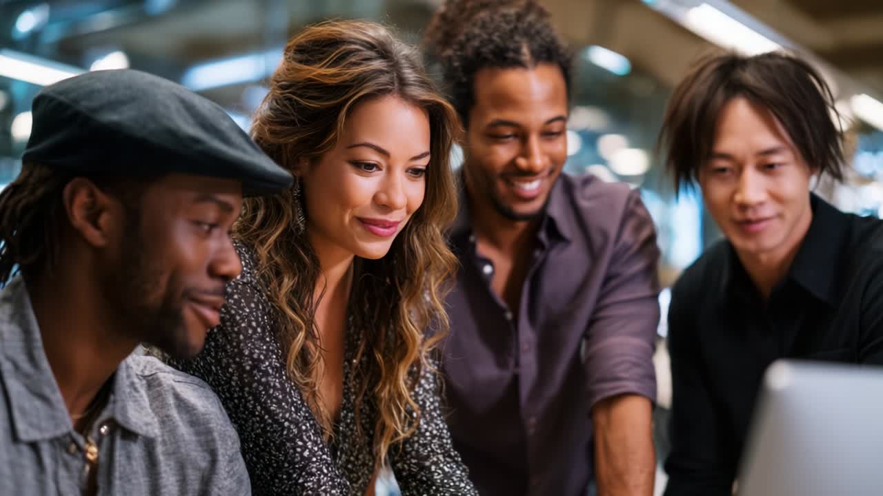 A group of four friends joyfully collaborating over a laptop in a modern workspace, sharing ideas and creating a vibrant atmosphere filled with positivity, laughter, and teamwork in the bustling environment