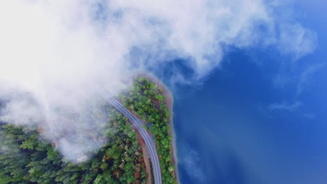 Aerial-Top-Down-Orbital-View-Above-Clouds-of-Vehicles-Driving-Along-Coastal-Curved-Road-Through-Pine-Forest-in-Port-Alberni-Region,-British-Columbia-Canada