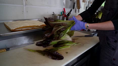 trabajador de alimentos maneja vegetales morados