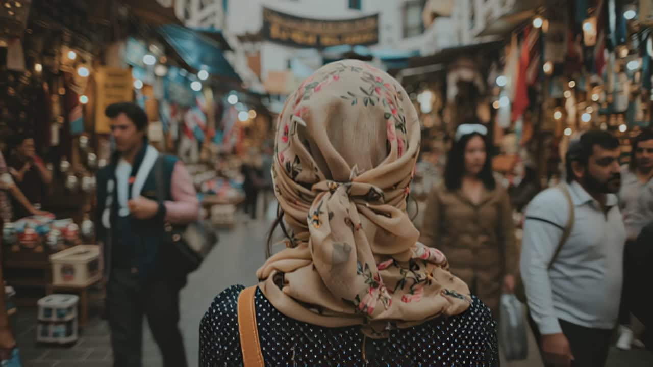 Rear view of a woman wearing a patterned headscarf walking through a crowded bazaar street with shops and warm lights, travel lifestyle and cultural tourism footage