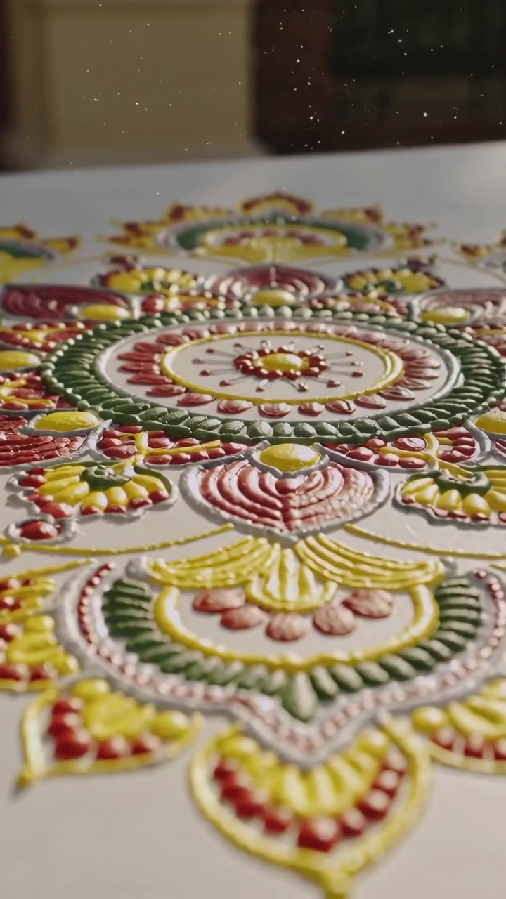 Video verticale: La telecamera si allontana rivelando un mandala in rilievo su un tavolo bianco, mostrando brillantini.