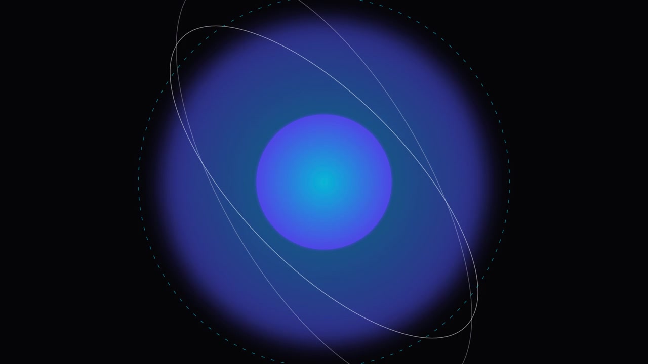 Animazione astratta di anelli orbitali rotanti attorno a una sfera blu luminosa