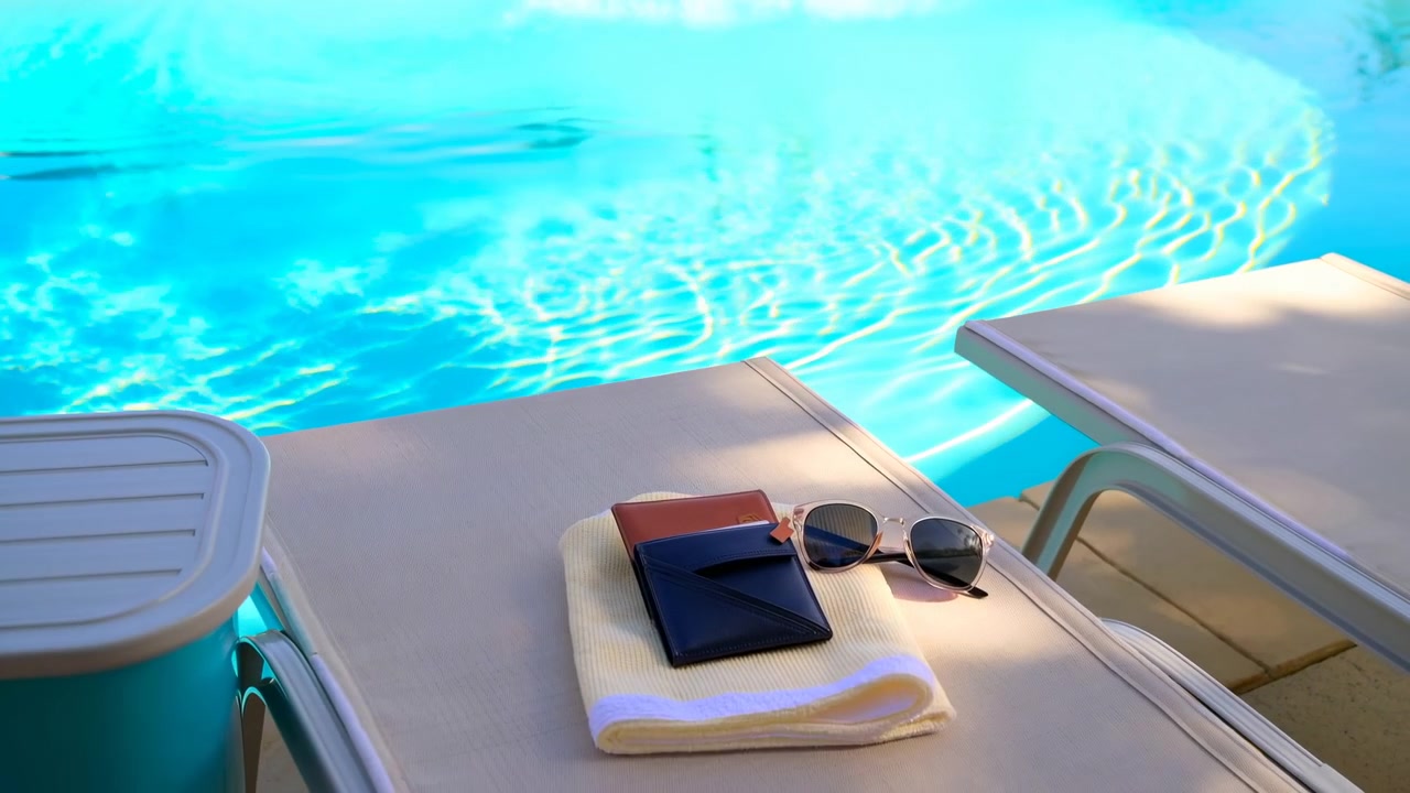 Folded towel with stacked leather wallets and round sunglasses rests on beige lounge chair beside clear turquoise pool water, with bright sunlit ripples, soft shadows, and luxury resort calm