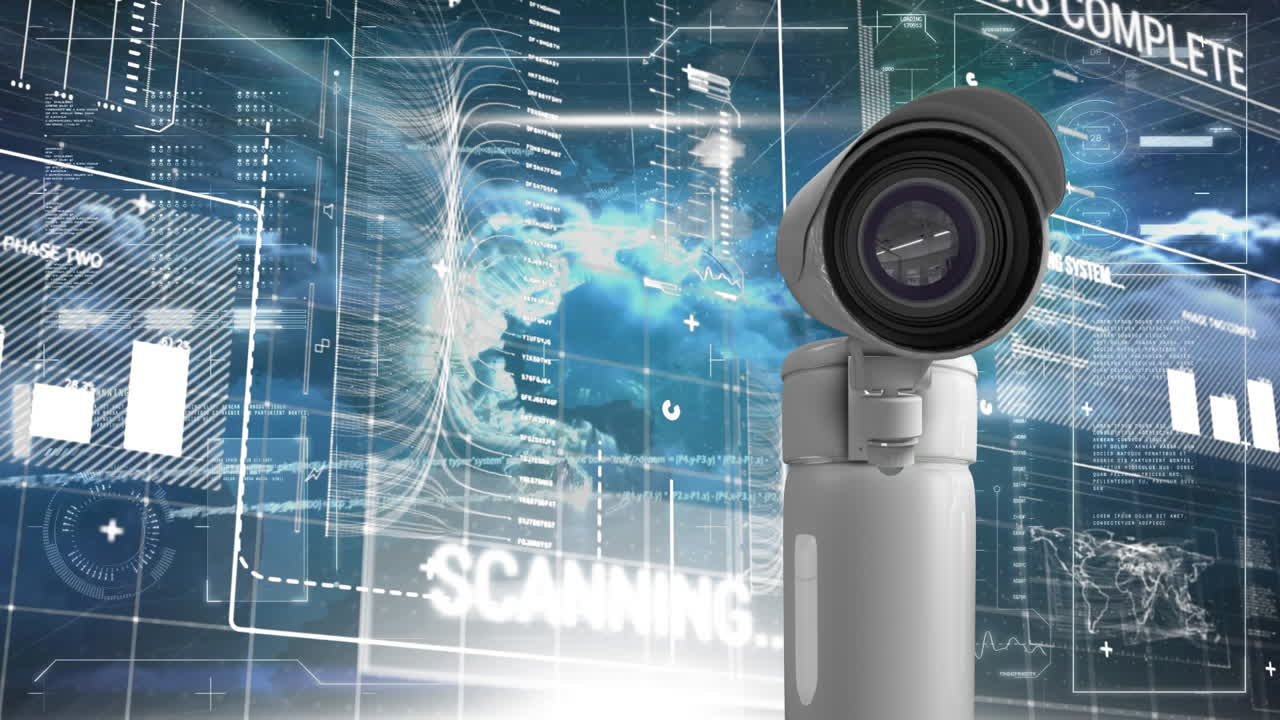 animación de la interfaz con el globo y la información con nubes en movimiento y cámara de vigilancia