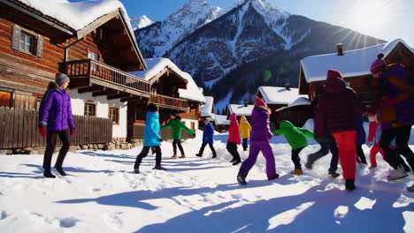 children playing in a snowy alpine village