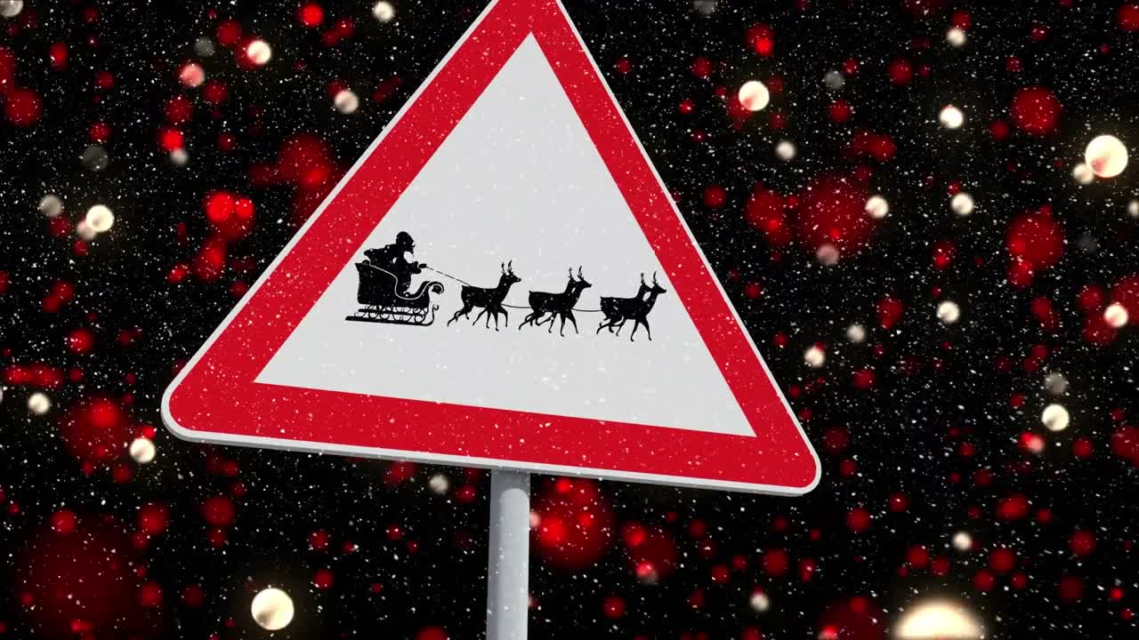 animación de santa claus en trineo siendo tirado por renos en un cartel contra manchas rojas de luz.