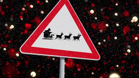 Animation-Des-Weihnachtsmanns-Im-Schlitten,-Der-Von-Rentieren-Auf-Einem-Schild-Vor-Roten-Lichtflecken-Gezogen-Wird