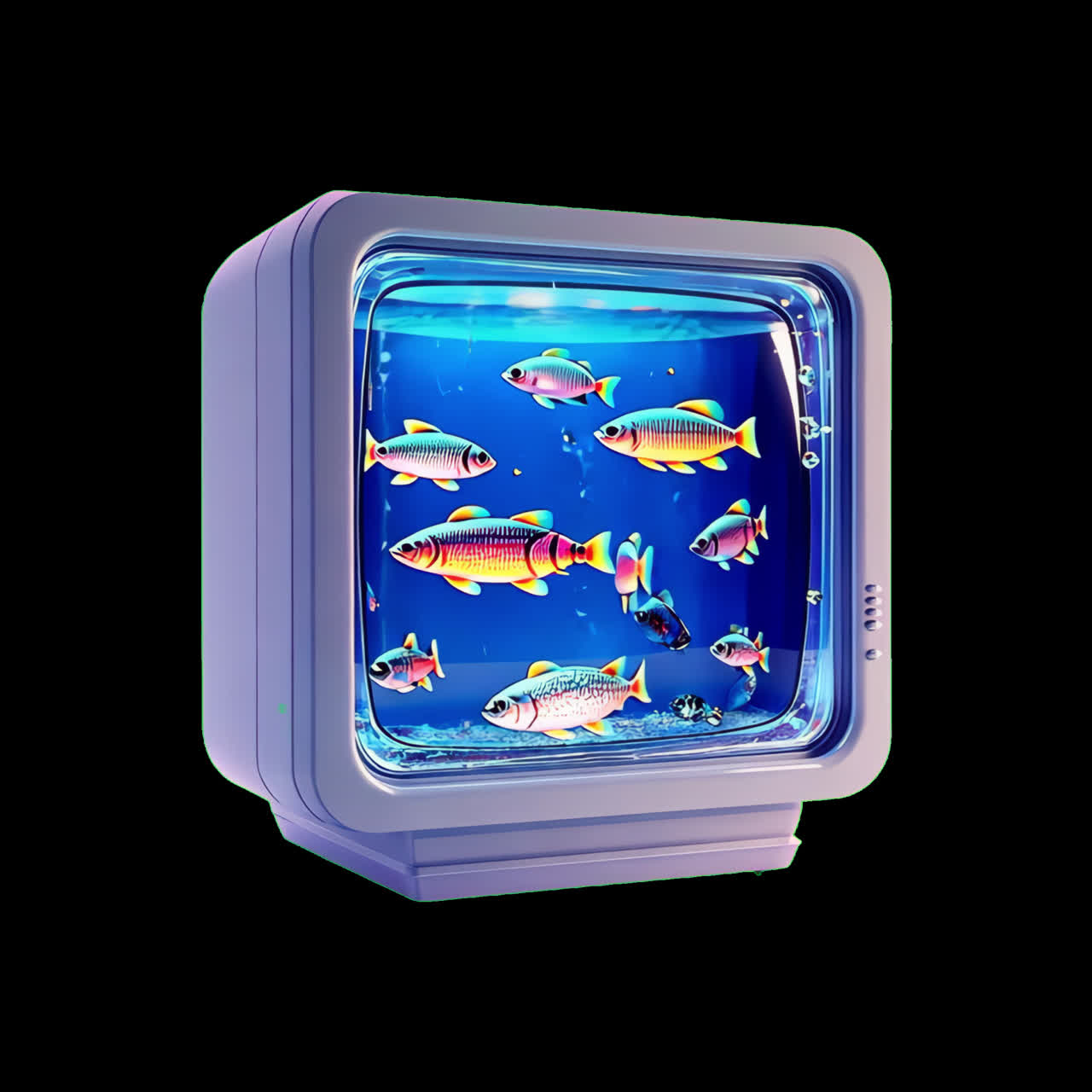 Colorful fish in retro aquarium animation isolated asset, transparent 4K video, alpha channel