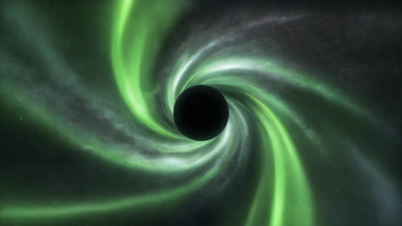 Animazione astratta di un buco nero circondato da nuvole di nebulosa verde