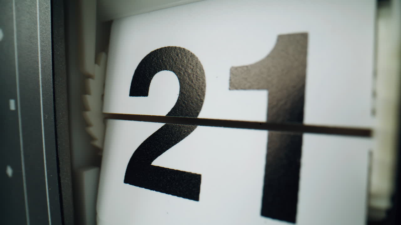 Flip clock changing numbers on white panels closeup. Macro view retro flipclock