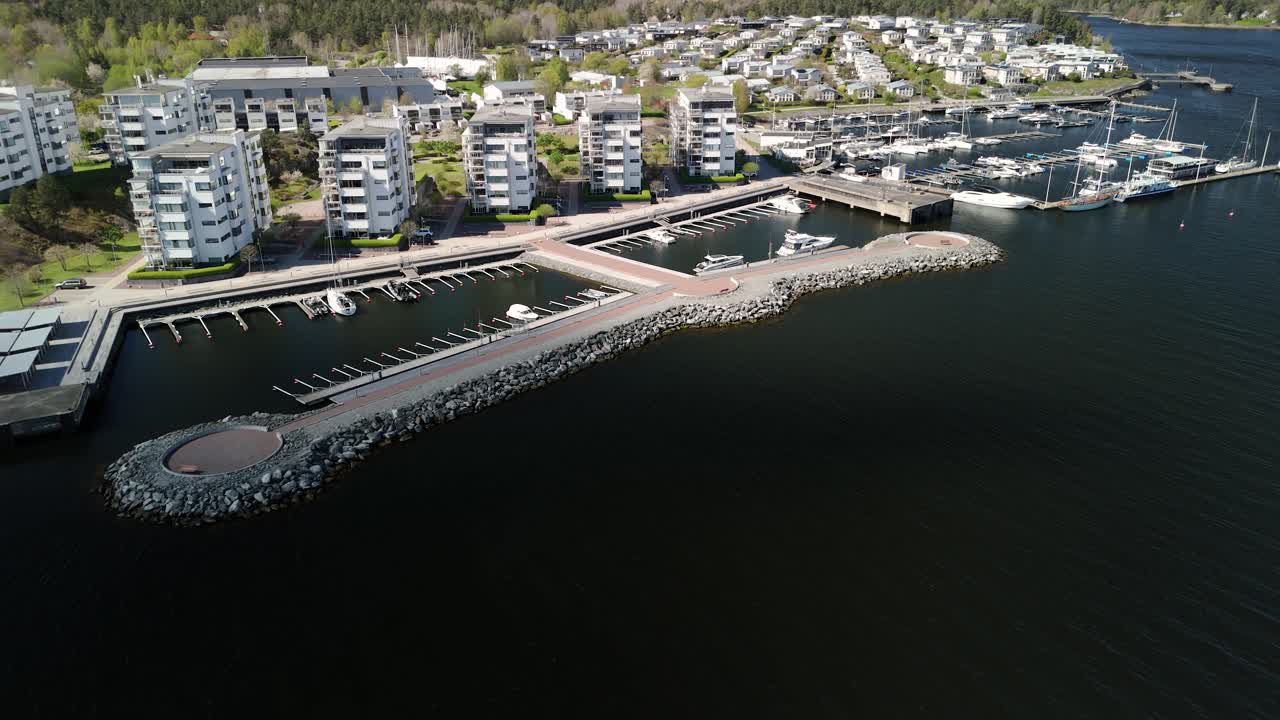 Aerial shot of an almost empty harbor on Stockholm.