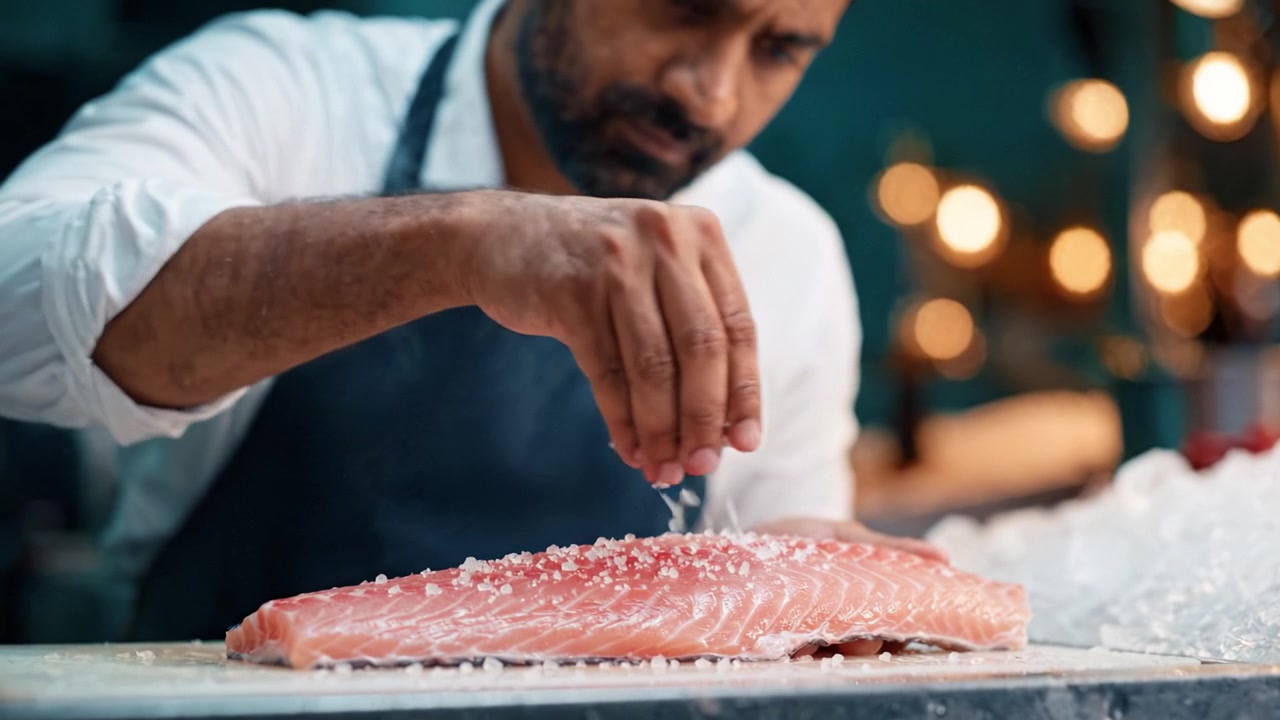 Mistrz kuchni przygotowujący świeży filet rybny z precyzją i starannością w eleganckiej kuchni, prezentujący umiejętności kulinarne i dbałość o szczegóły.