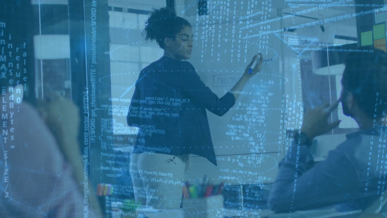 Project manager uncapping marker, sketching flowchart on flip chart for team, showing animated code