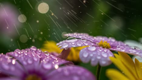 captivating close-up of dewy flowers in the rain, highlighting shimmering raindrops on vibrant petals, creating a serene and fresh atmosphere of nature's beauty
