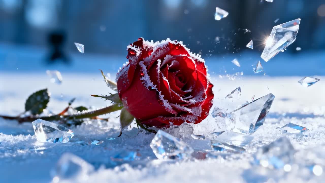 Frammenti scintillanti che si muovono sulla neve, luce del sole che colpisce i frammenti, rosa rossa che raccoglie la brina e foglia verde