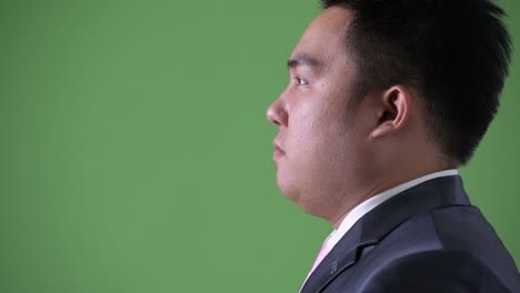 young handsome overweight asian businessman against green background