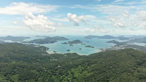 4k aerial view of the hong kong unesco global geopark with a lot of small islands in sai kung