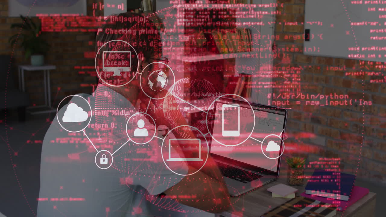 Working on laptop, person using animation for data processing and digital network