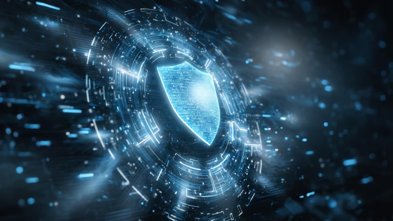 A Digital Shield Surrounded by Pulsating Light Trails, Symbolizing Cybersecurity and Protection Against Online Threats and Risks in a Technological Landscape