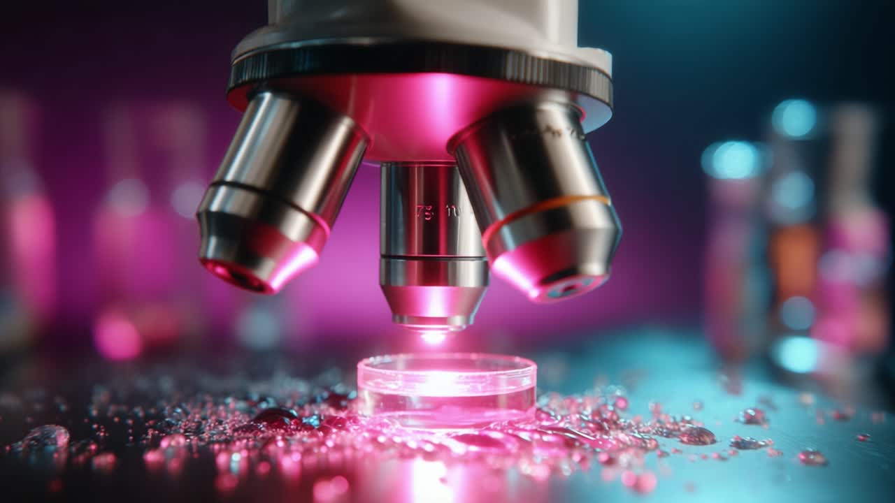 A Close-Up View of a Microscope Over a Prepared Slide Under Vibrant Lighting, Showcasing the Interaction of Light, Glass, and Fluids in a Scientific Setup