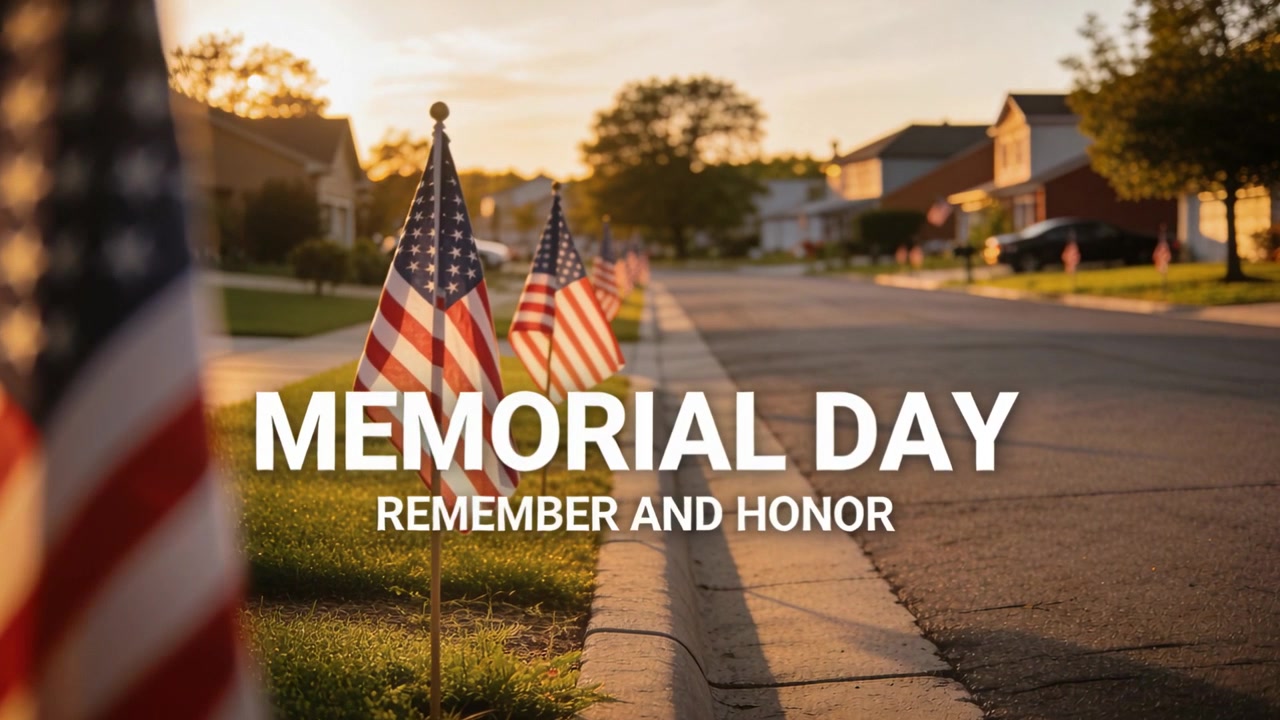 La telecamera sposta il fuoco inquadrando una fila sfocata di bandiere USA lungo il marciapiede di un sobborgo, MEMORIAL DAY in onore dei veterani.