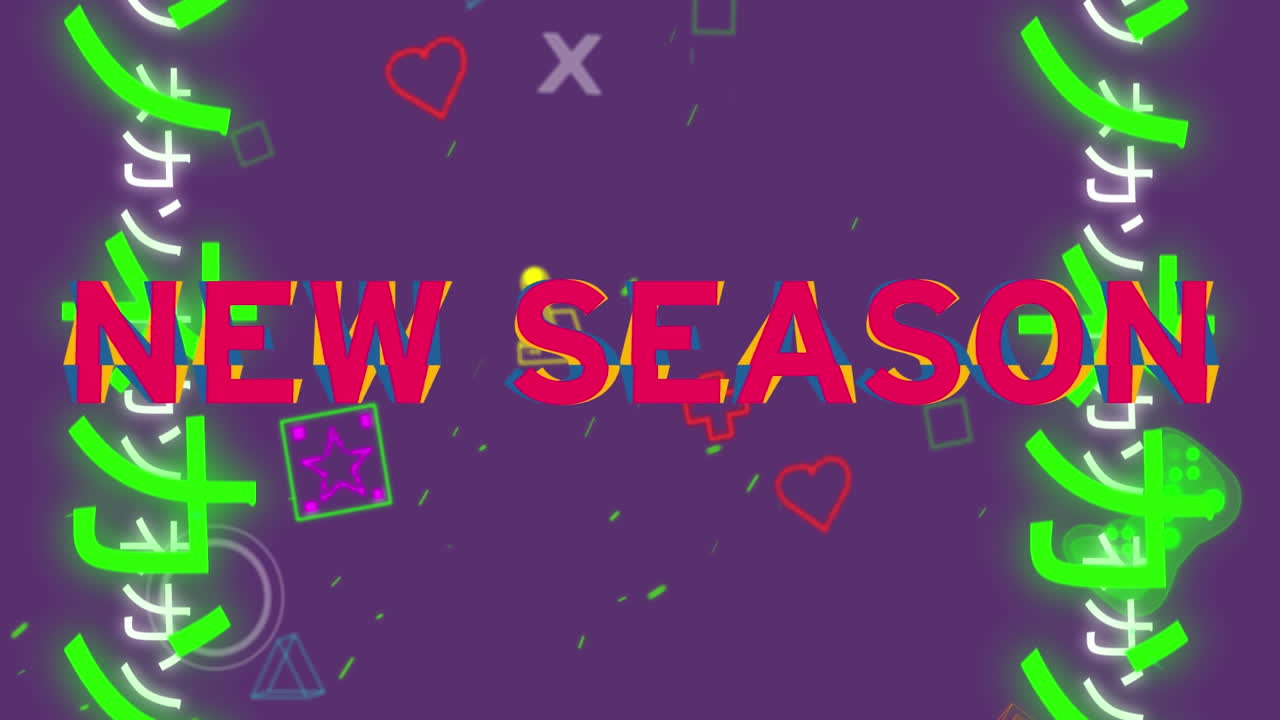 animación del texto de la nueva temporada sobre los iconos del juego y los signos asiáticos sobre fondo púrpura