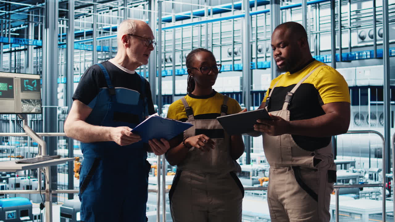 Photovoltaics smart factory senior engineer taking notes of adjustments needed