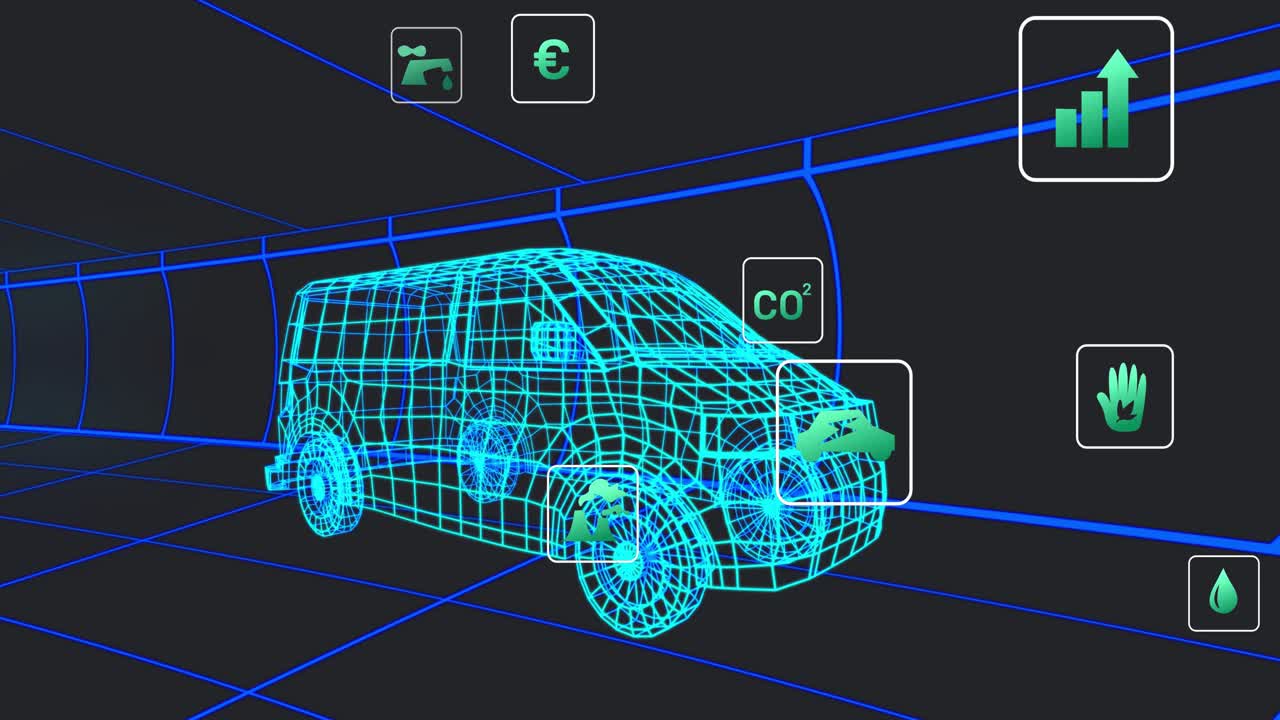 Opening 3D van rotating while icons highlighting emission, performance, safety, energy and economy