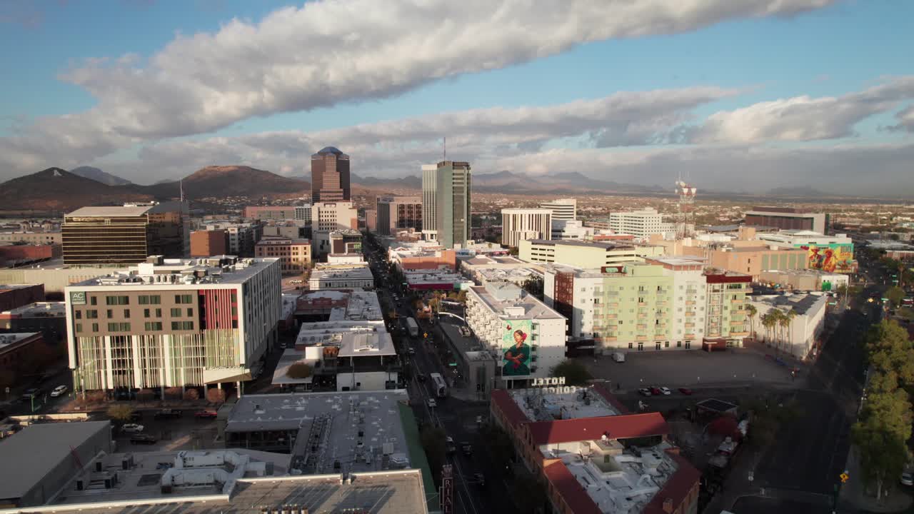 Congress Street in downtown Tucson, Arizona, 4K drone shot
