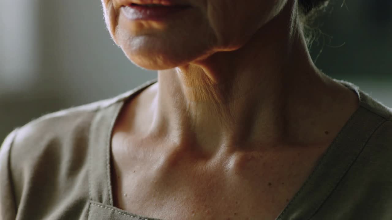Speaking senior woman starting mouth parted, moving lips and swallowing in kitchen in beige apron