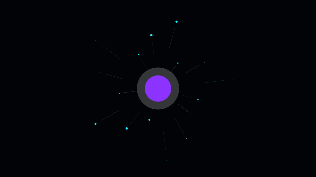 Grafica in movimento astratta di un cerchio viola pulsante con particelle fluttuanti