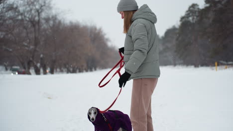 woman dressed in winter jacket and beanie stands on snowy trail holding red leash, dog in purple coat by side, snow falling gently around quiet forest path under gray sky in peaceful cold landscape