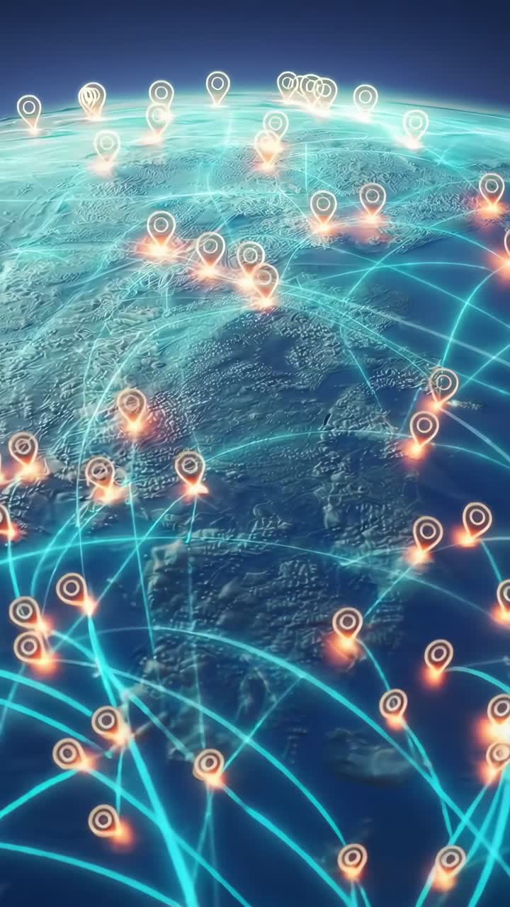 Vista de video aérea de un mapa de red resplandeciente con conexiones digitales por todo el mundo.