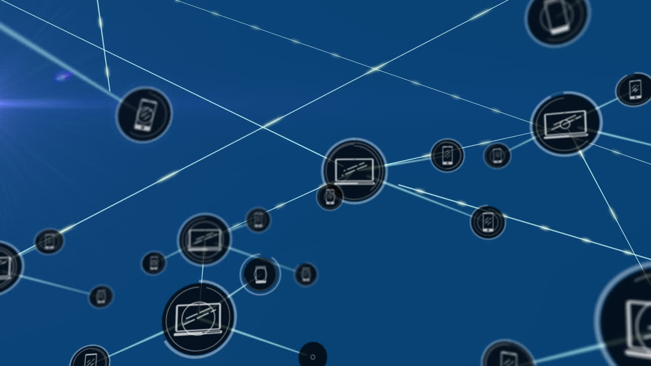 Animation of network of connections with icons over blue background