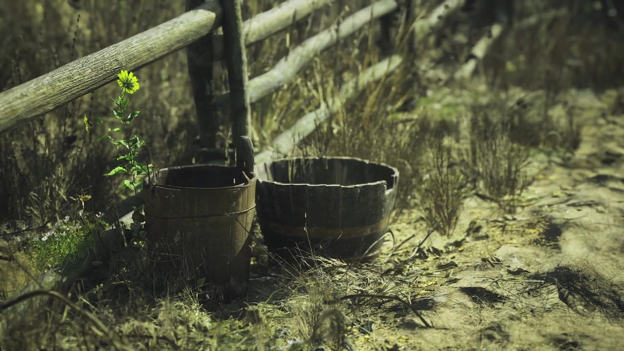 Croatia village setting with aged buckets and sunlit surroundings