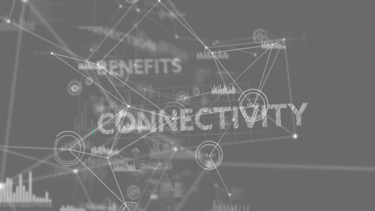 Animation of multiple text over connected dots with graph icons against abstract background