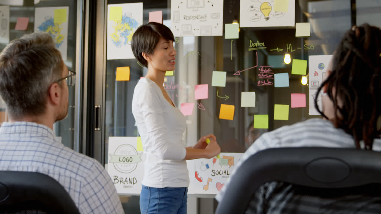 gente de negocios discutiendo sobre notas adhesivas en la oficina 4k