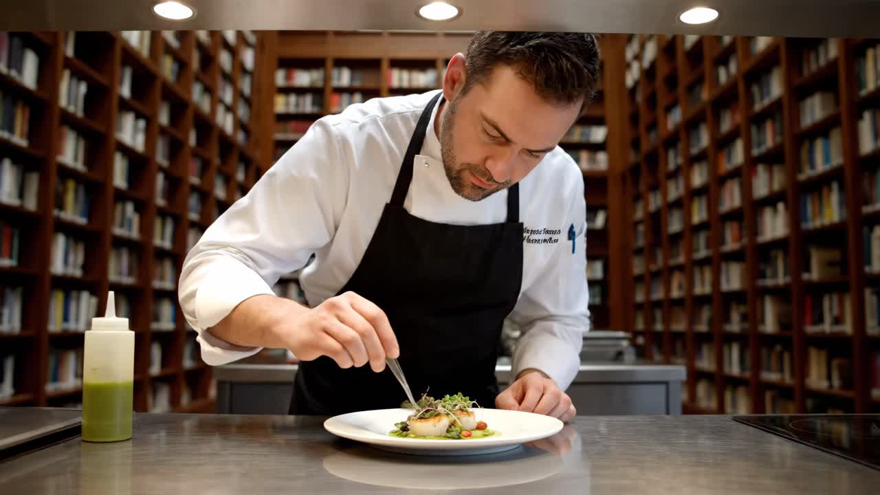 Chef Preparing Scallops in a Library Setting