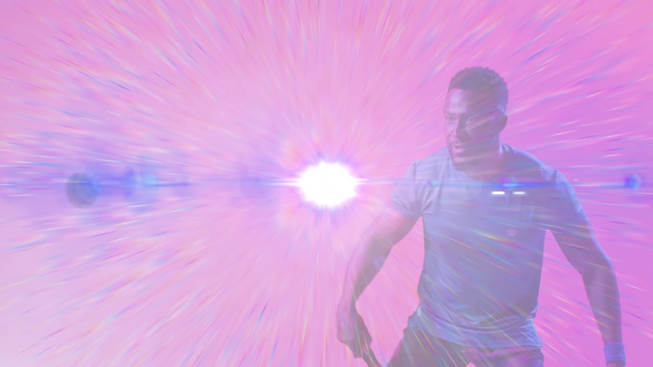 Male athlete reacting to orb for sports training and swinging racket as orb passing through strings