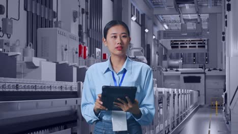 asian female with her tablet at pharmaceutical factory, vaccine production facility, she observes by looking around before she come to concentrating with her tablet