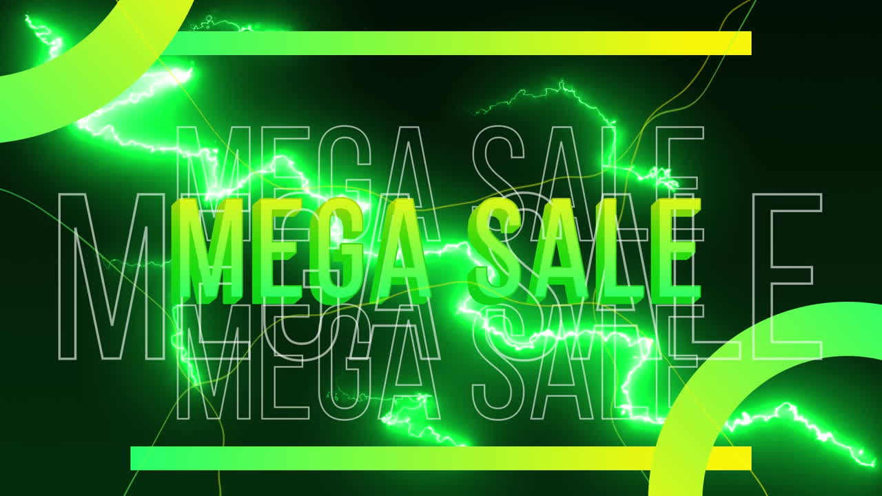 Animación de texto de mega rebajas en repetición sobre fondo negro