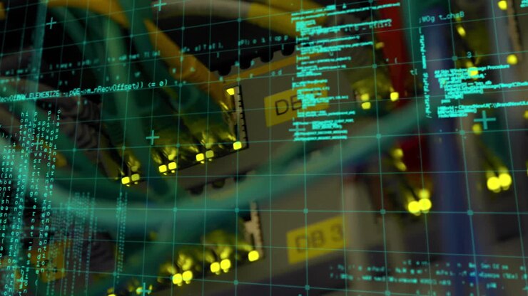 Animation of data processing over close up of computer server