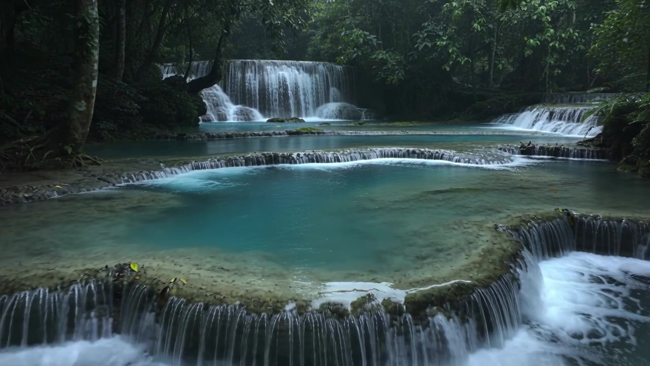 Il flusso superiore che spinge cascate a gradoni e terrazze, formando schiuma ed esponendo sporgenze nella gola.