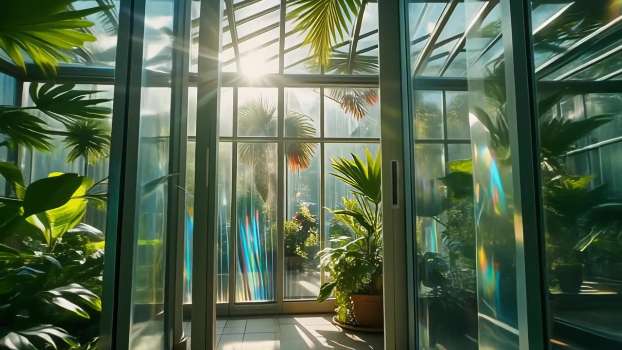 Sunlight Streaming Through Glass Walls of a Lush Tropical Greenhouse