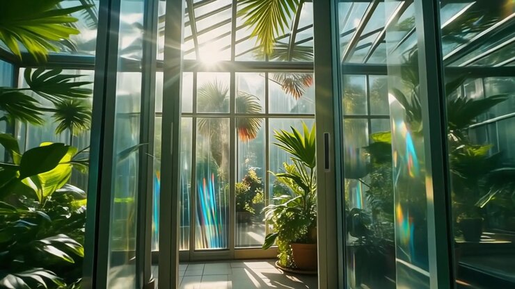 Sunlight Streaming Through Glass Walls of a Lush Tropical Greenhouse