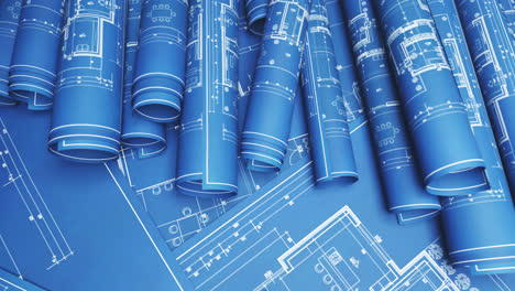 Stack-of-classic-blueprint-rolls-on-a-desk.-Drawings-of-project-plans.-Professional-development,-architectural-or-engineering-concept.-Seamless,-endless-loopable-animation.-Document-paperwork-mess.