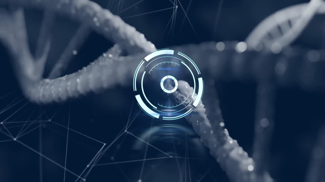 Animation of DNA strand with digital interface and network connections in background